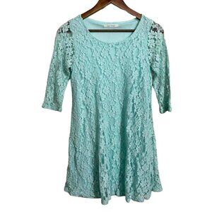 Color Me Red Womens Mint Green Lace Overlay 3/4 Sleeve Shift Dress Small
